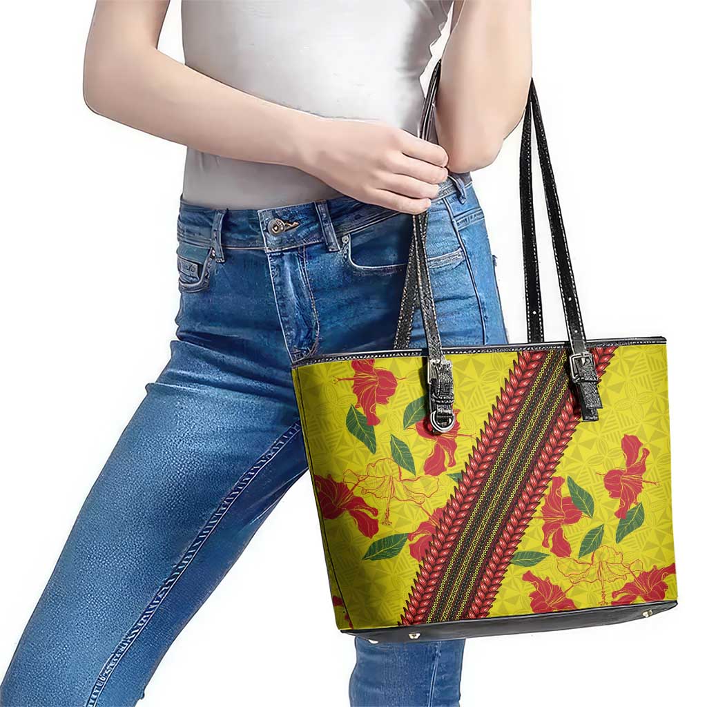 Samoan Culture Leather Tote Bag Hibiscus and Ula Fala with Tapa Pattern Yellow Color LT03 - Polynesian Pride