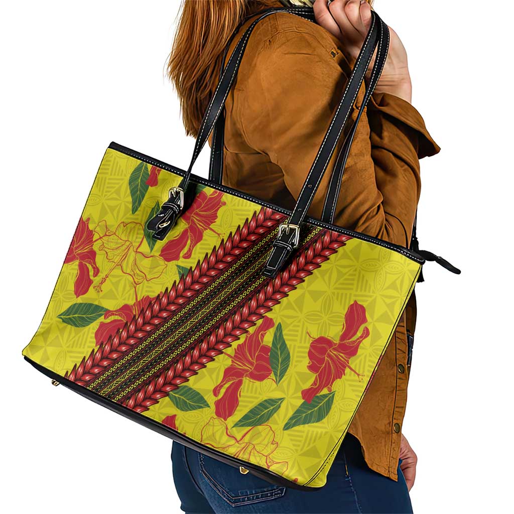 Samoan Culture Leather Tote Bag Hibiscus and Ula Fala with Tapa Pattern Yellow Color LT03 - Polynesian Pride