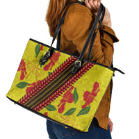 Samoan Culture Leather Tote Bag Hibiscus and Ula Fala with Tapa Pattern Yellow Color LT03 - Polynesian Pride