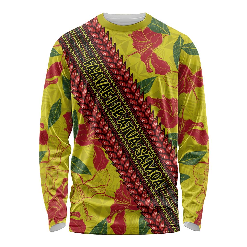 Samoan Culture Long Sleeve Shirt Hibiscus and Ula Fala with Tapa Pattern YellowColor LT03 Unisex Yellow - Polynesian Pride
