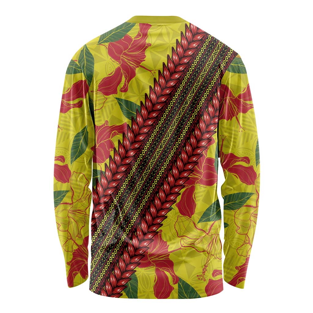 Samoan Culture Long Sleeve Shirt Hibiscus and Ula Fala with Tapa Pattern YellowColor LT03 - Polynesian Pride