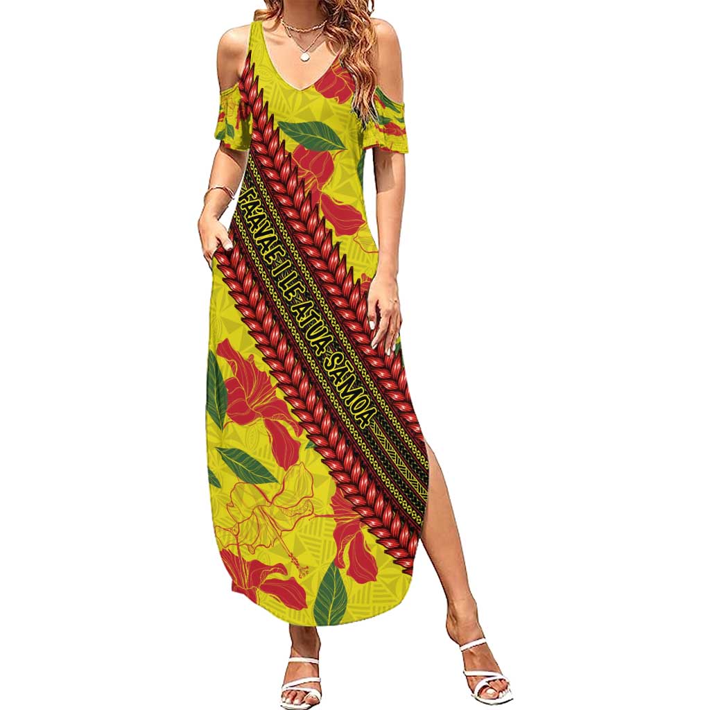 Samoan Culture Summer Maxi Dress Hibiscus and Ula Fala with Tapa Pattern YellowColor LT03 Women Yellow - Polynesian Pride