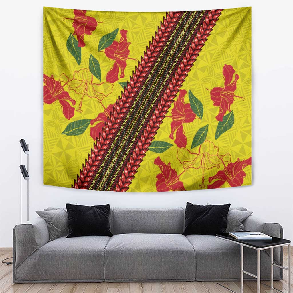 Samoan Culture Tapestry Hibiscus and Ula Fala with Tapa Pattern Yellow Color LT03 Yellow - Polynesian Pride