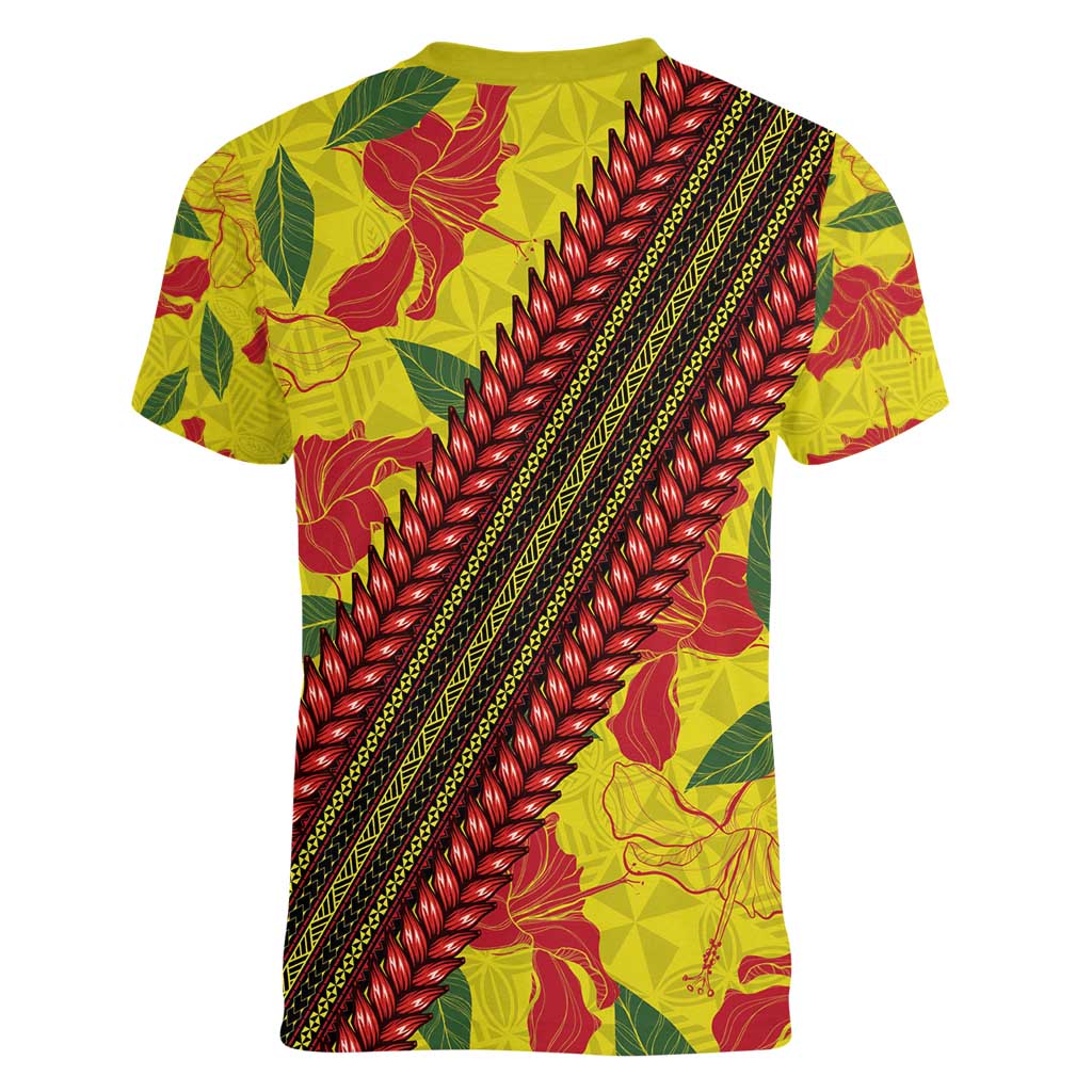 Samoan Culture Women V-Neck T-Shirt Hibiscus and Ula Fala with Tapa Pattern YellowColor