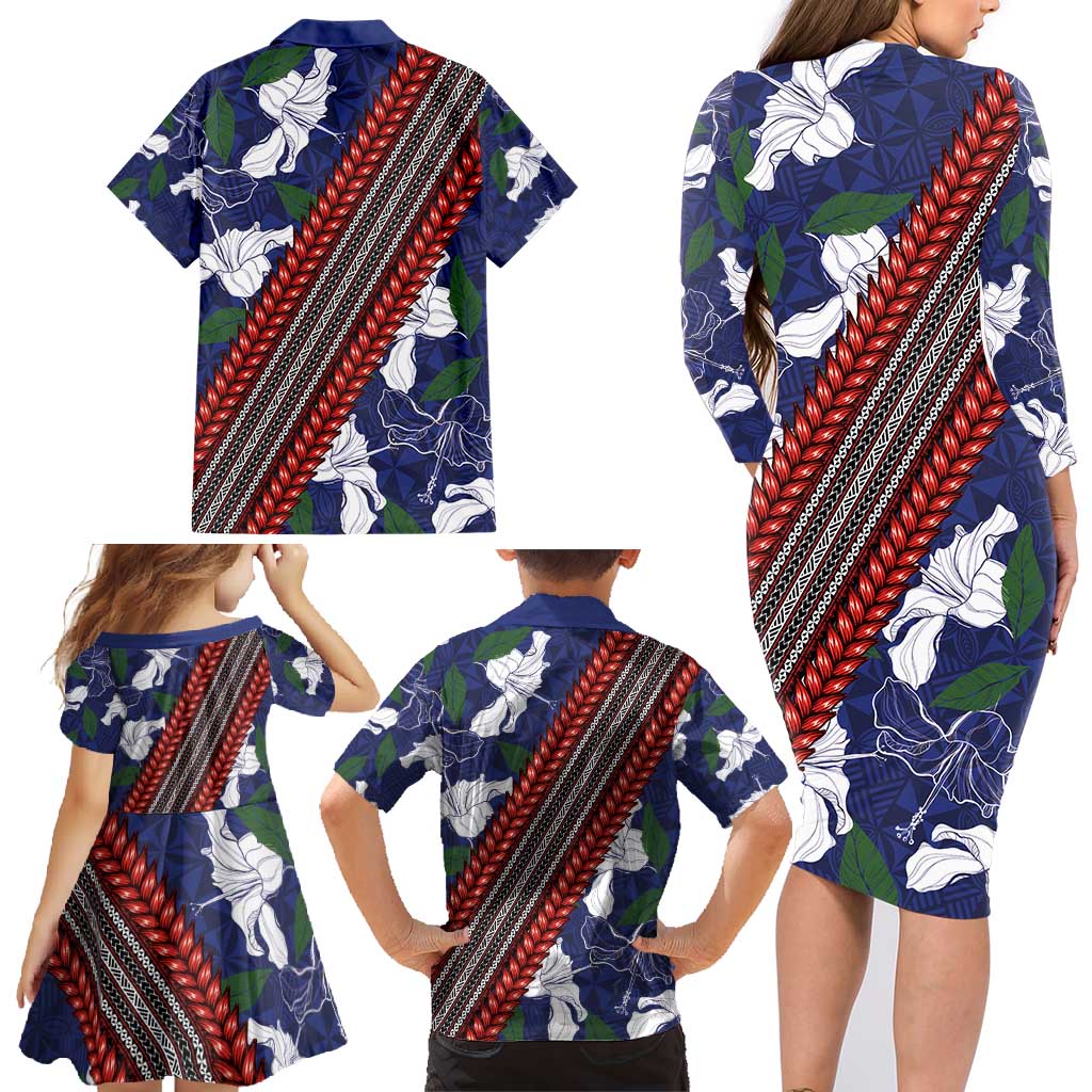 Samoan Culture Family Matching Long Sleeve Bodycon Dress and Hawaiian Shirt Hibiscus and Ula Fala with Tapa Pattern Blue Color