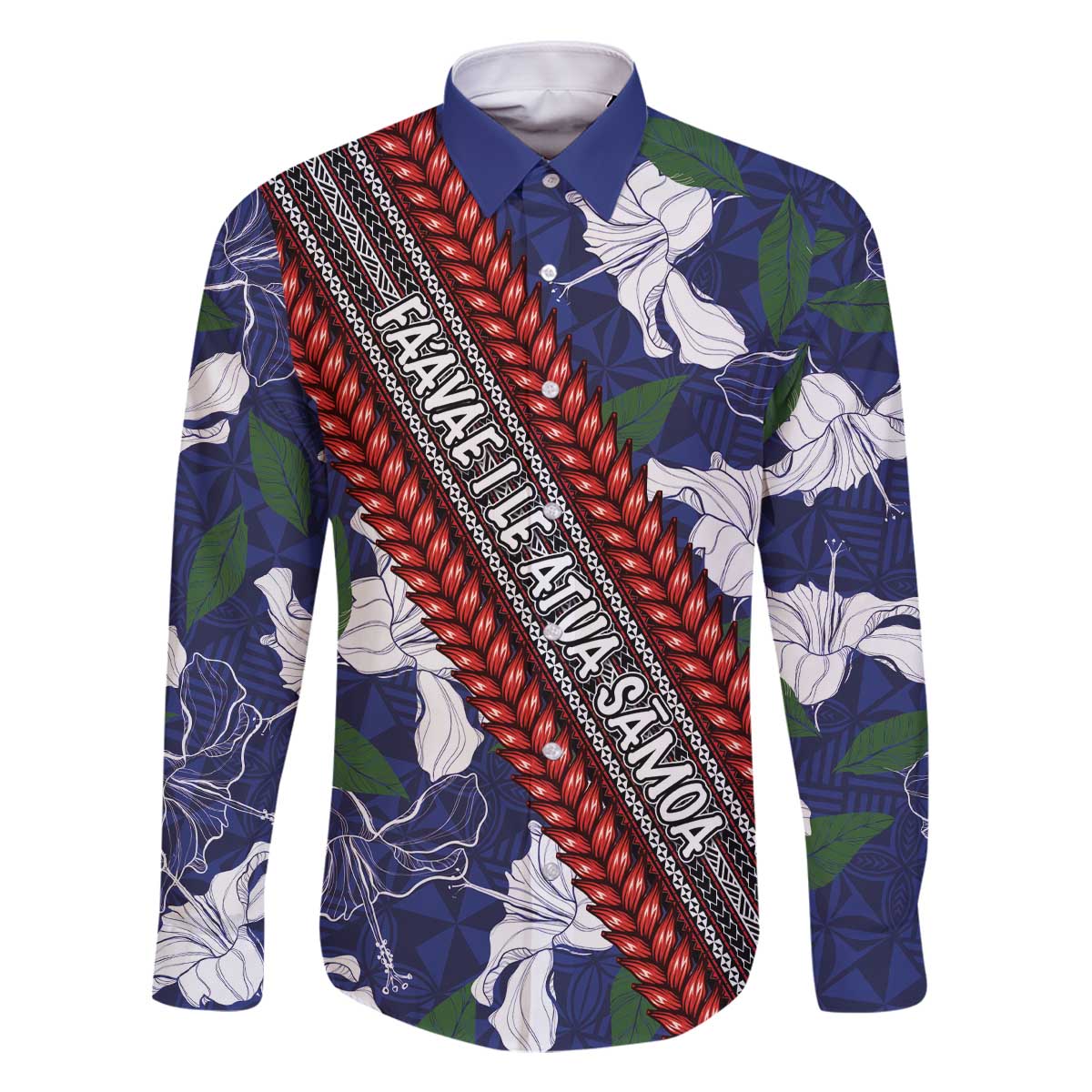 Samoan Culture Family Matching Off The Shoulder Long Sleeve Dress and Hawaiian Shirt Hibiscus and Ula Fala with Tapa Pattern Blue Color