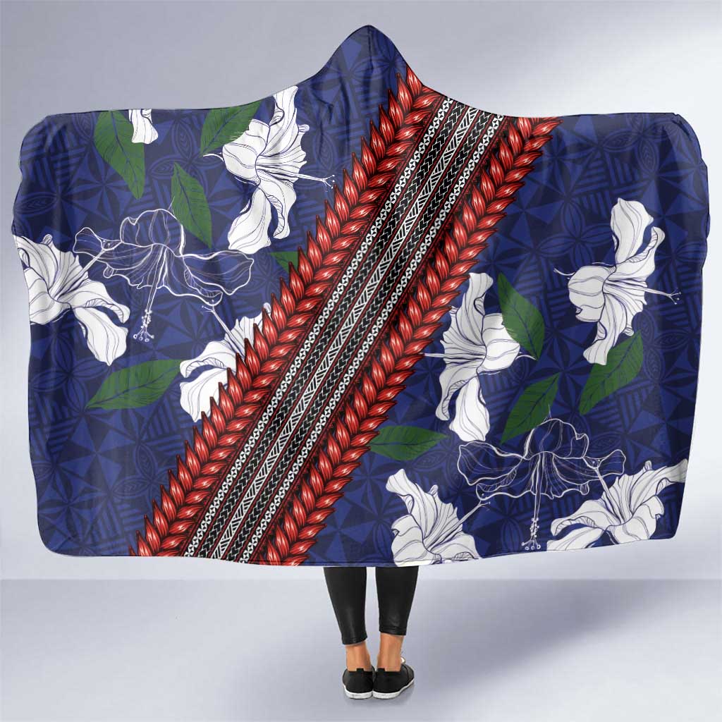 Samoan Culture Hooded Blanket Hibiscus and Ula Fala with Tapa Pattern Blue Color LT03 One Size Blue - Polynesian Pride