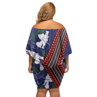 Samoan Culture Off Shoulder Short Dress Hibiscus and Ula Fala with Tapa Pattern Blue Color LT03 - Polynesian Pride