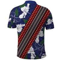 Samoan Culture Polo Shirt Hibiscus and Ula Fala with Tapa Pattern Blue Color