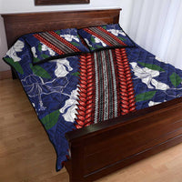 Samoan Culture Quilt Bed Set Hibiscus and Ula Fala with Tapa Pattern Blue Color