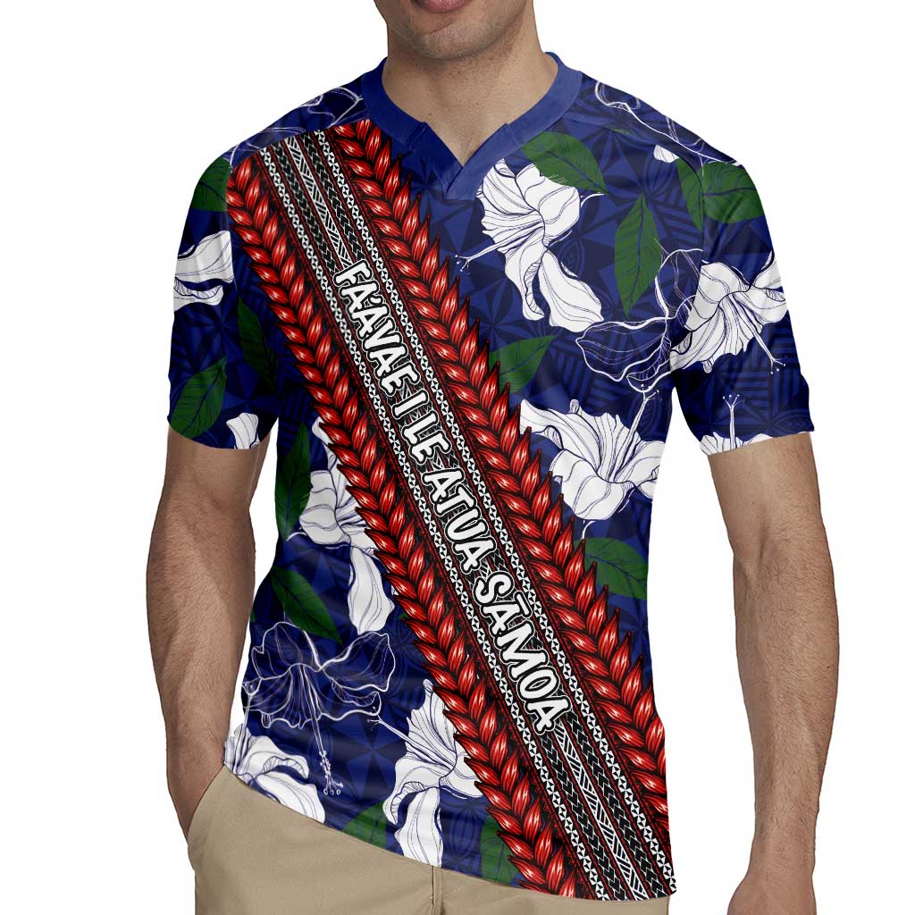 Samoan Culture Rugby Jersey Hibiscus and Ula Fala with Tapa Pattern Blue Color