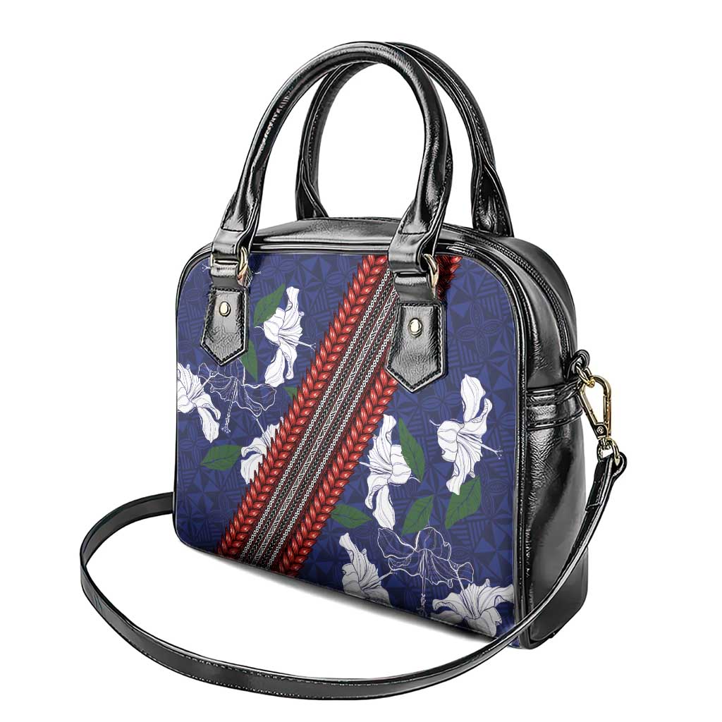 Samoan Culture Shoulder Handbag Hibiscus and Ula Fala with Tapa Pattern Blue Color