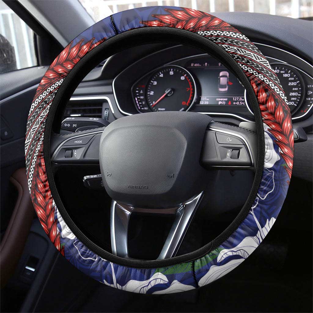 Samoan Culture Steering Wheel Cover Hibiscus and Ula Fala with Tapa Pattern Blue Color LT03 - Polynesian Pride