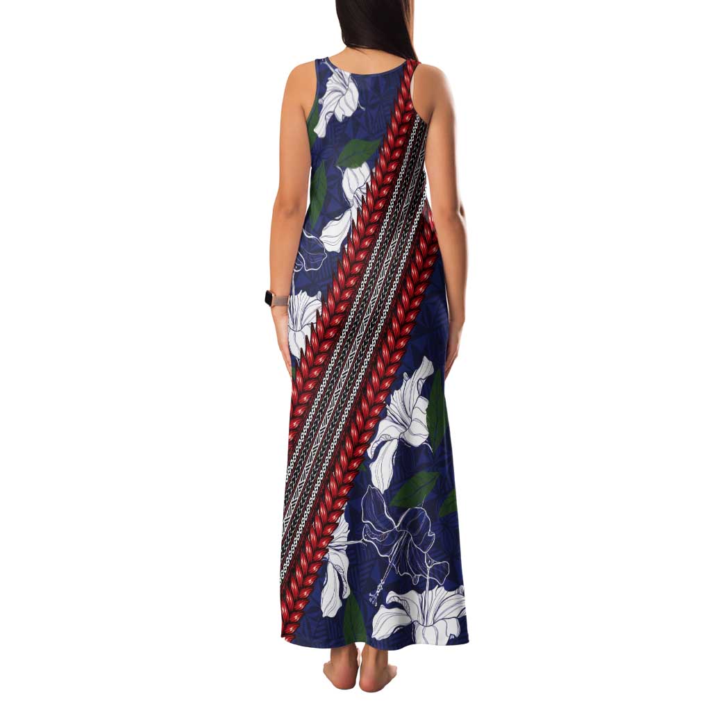 Samoan Culture Tank Maxi Dress Hibiscus and Ula Fala with Tapa Pattern Blue Color LT03 - Polynesian Pride