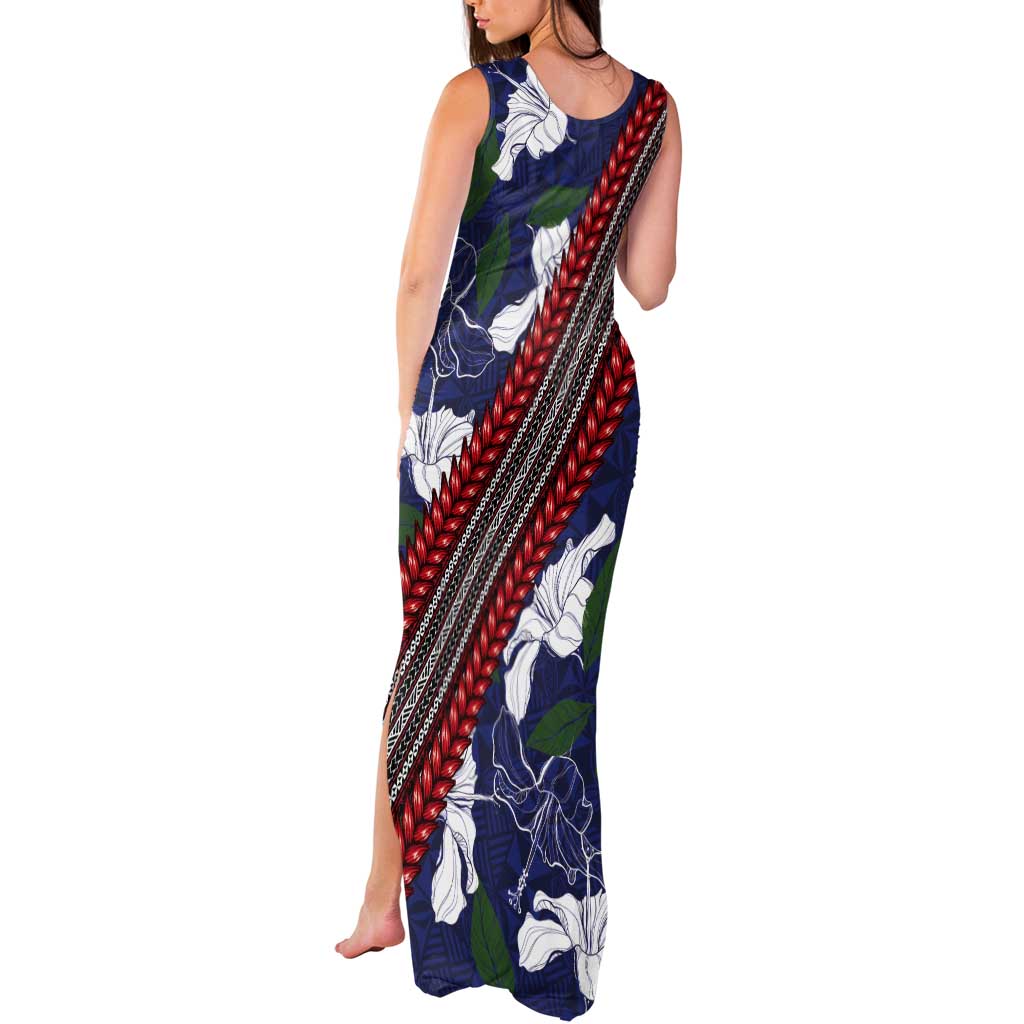 Samoan Culture Tank Maxi Dress Hibiscus and Ula Fala with Tapa Pattern Blue Color LT03 - Polynesian Pride
