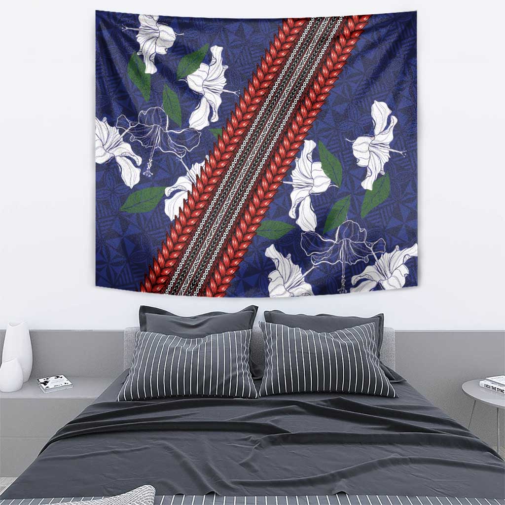 Samoan Culture Tapestry Hibiscus and Ula Fala with Tapa Pattern Blue Color