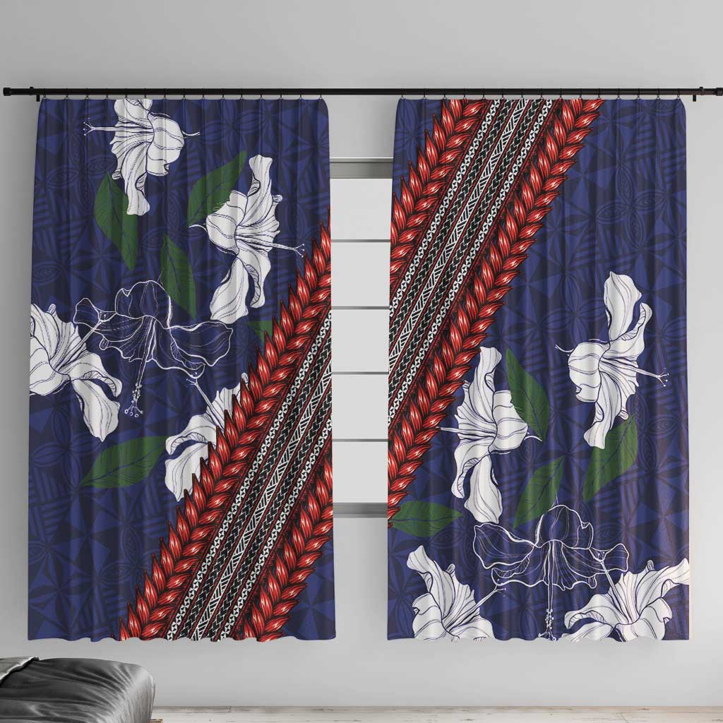 Samoan Culture Window Curtain Hibiscus and Ula Fala with Tapa Pattern Blue Color LT03 With Hooks Blue - Polynesian Pride