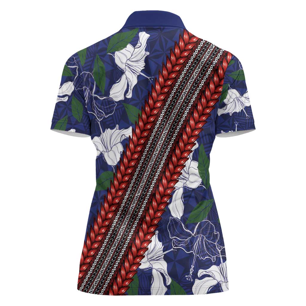 Samoan Culture Women Polo Shirt Hibiscus and Ula Fala with Tapa Pattern Blue Color