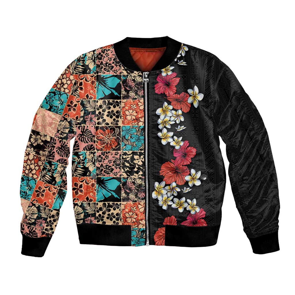 Hawaiian Hibiscus and Tropical Leaves Bomber Jacket Patchwork Grunge Abstract Vintage Style LT03 Unisex Black - Polynesian Pride