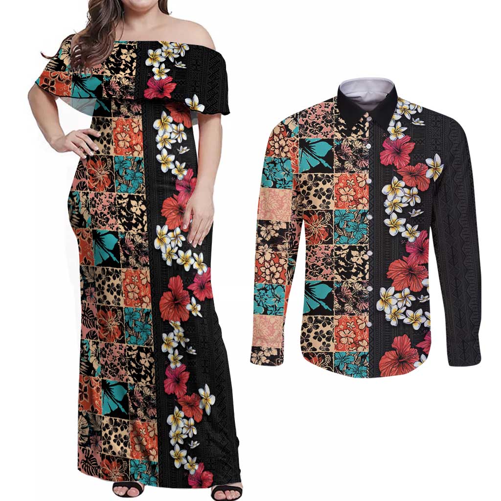 Hawaiian Hibiscus and Tropical Leaves Couples Matching Off Shoulder Maxi Dress and Long Sleeve Button Shirt Patchwork Grunge Abstract Vintage Style LT03 Black - Polynesian Pride