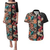 Hawaiian Hibiscus and Tropical Leaves Couples Matching Puletasi and Hawaiian Shirt Patchwork Grunge Abstract Vintage Style