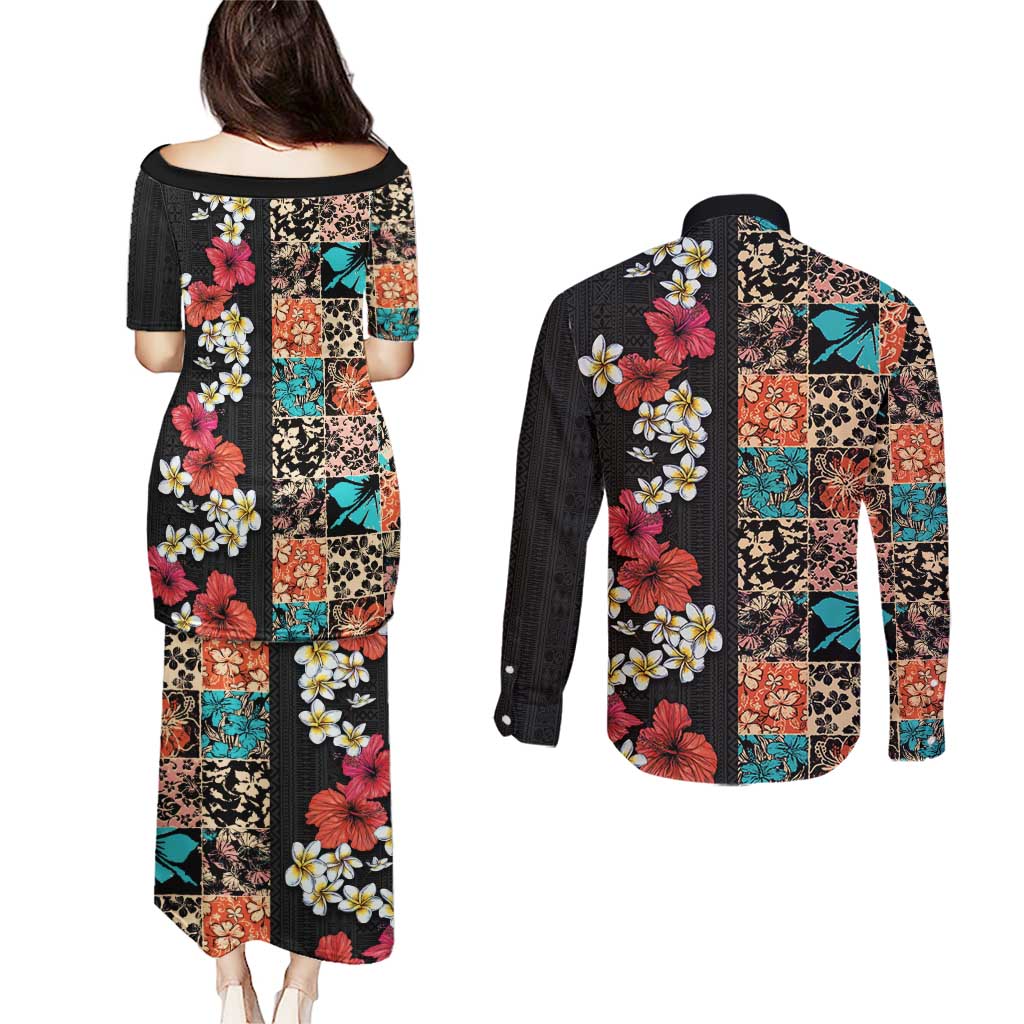 Hawaiian Hibiscus and Tropical Leaves Couples Matching Puletasi and Long Sleeve Button Shirt Patchwork Grunge Abstract Vintage Style