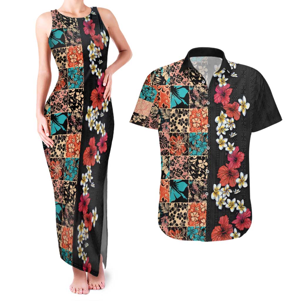 Hawaiian Hibiscus and Tropical Leaves Couples Matching Tank Maxi Dress and Hawaiian Shirt Patchwork Grunge Abstract Vintage Style LT03 Black - Polynesian Pride