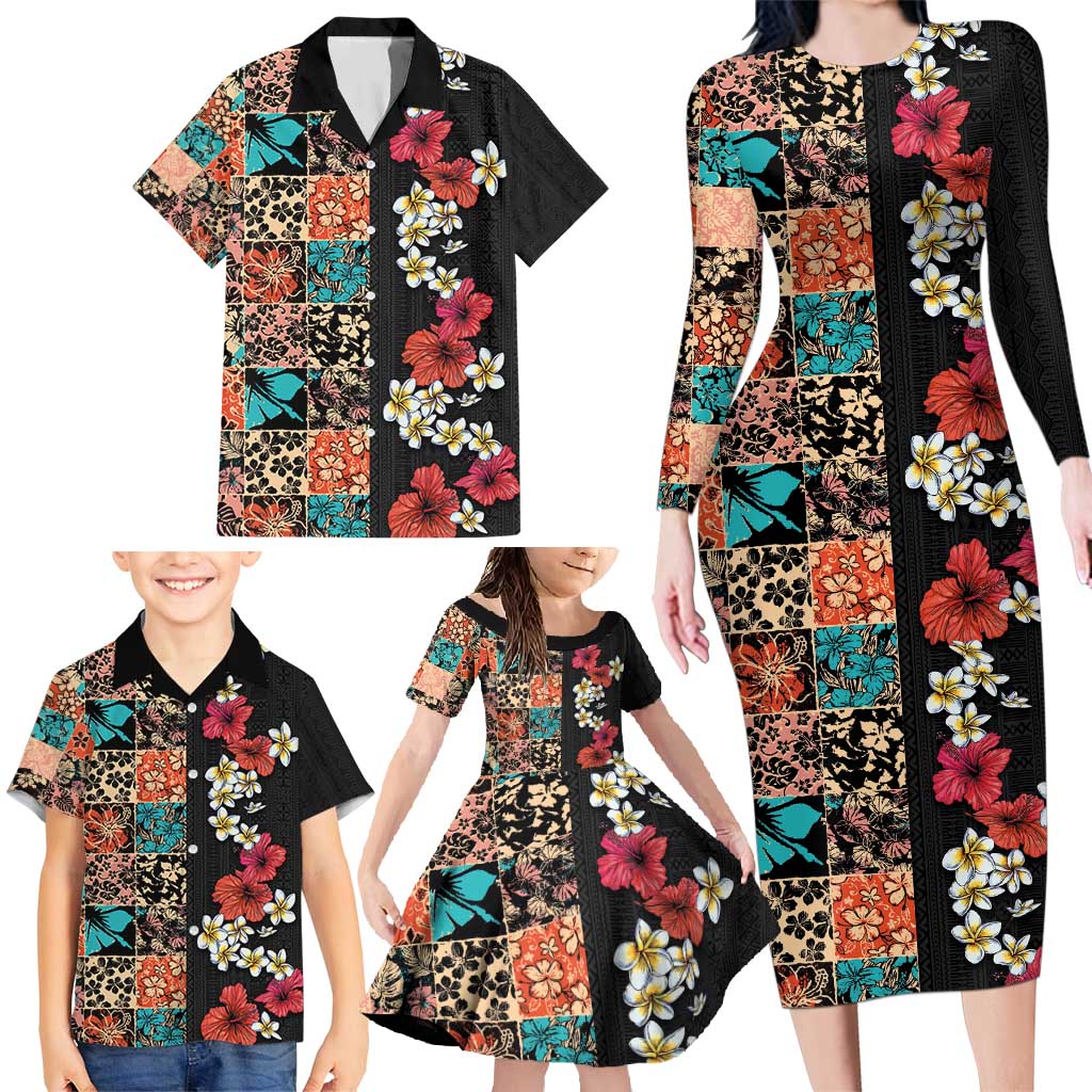 Hawaiian Hibiscus and Tropical Leaves Family Matching Long Sleeve Bodycon Dress and Hawaiian Shirt Patchwork Grunge Abstract Vintage Style LT03 - Polynesian Pride