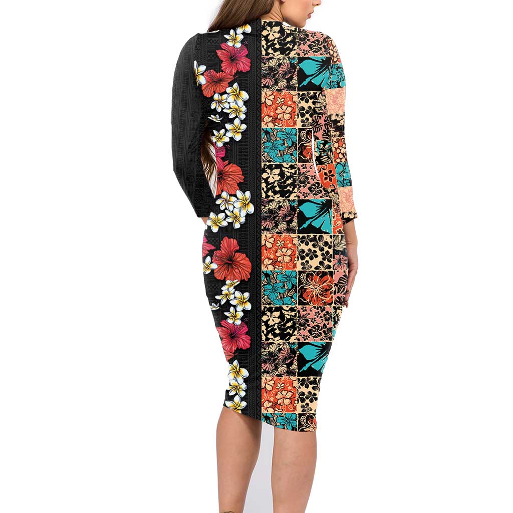 Hawaiian Hibiscus and Tropical Leaves Family Matching Long Sleeve Bodycon Dress and Hawaiian Shirt Patchwork Grunge Abstract Vintage Style