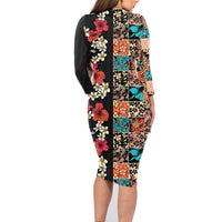 Hawaiian Hibiscus and Tropical Leaves Family Matching Long Sleeve Bodycon Dress and Hawaiian Shirt Patchwork Grunge Abstract Vintage Style