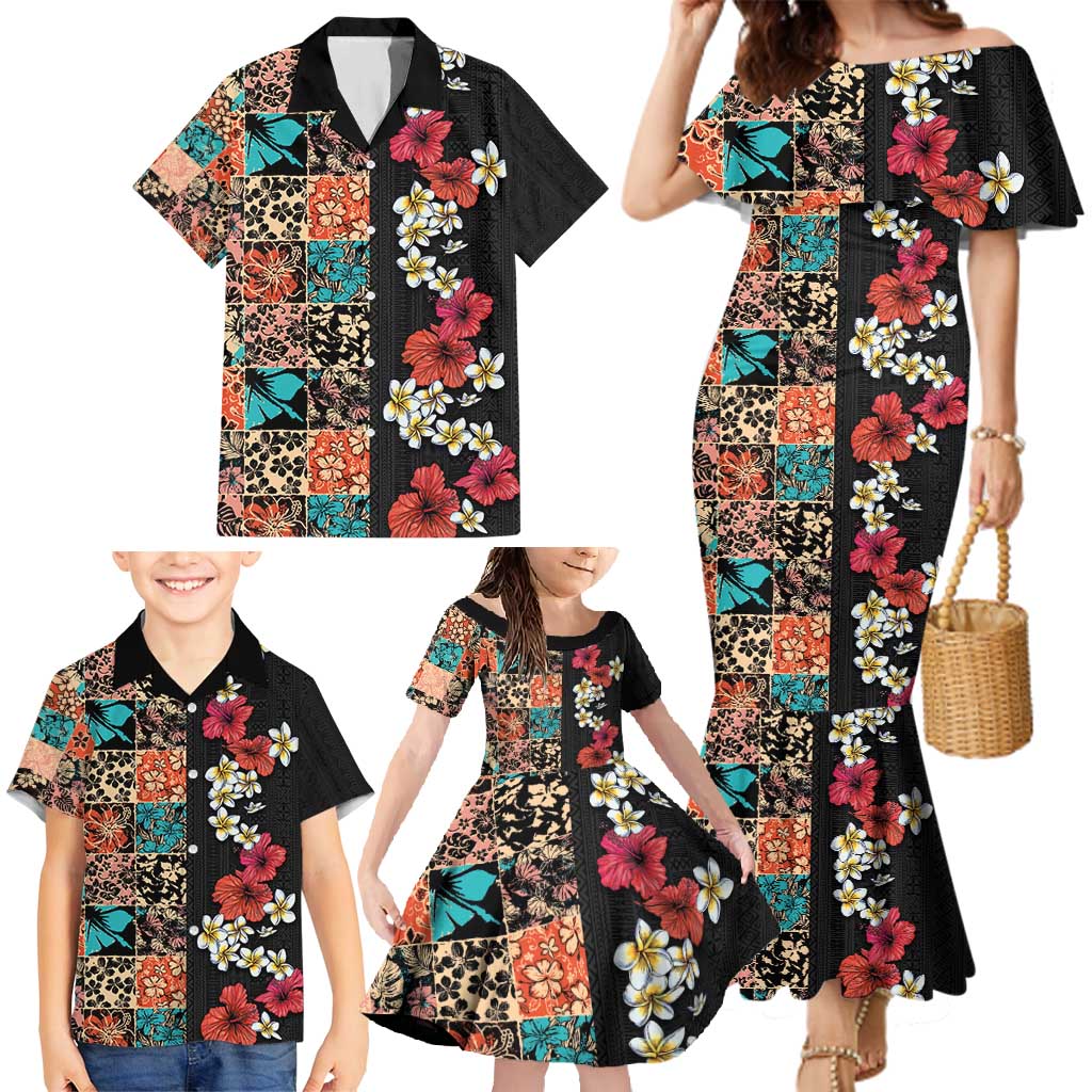 Hawaiian Hibiscus and Tropical Leaves Family Matching Mermaid Dress and Hawaiian Shirt Patchwork Grunge Abstract Vintage Style LT03 - Polynesian Pride