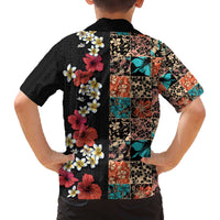 Hawaiian Hibiscus and Tropical Leaves Family Matching Off The Shoulder Long Sleeve Dress and Hawaiian Shirt Patchwork Grunge Abstract Vintage Style