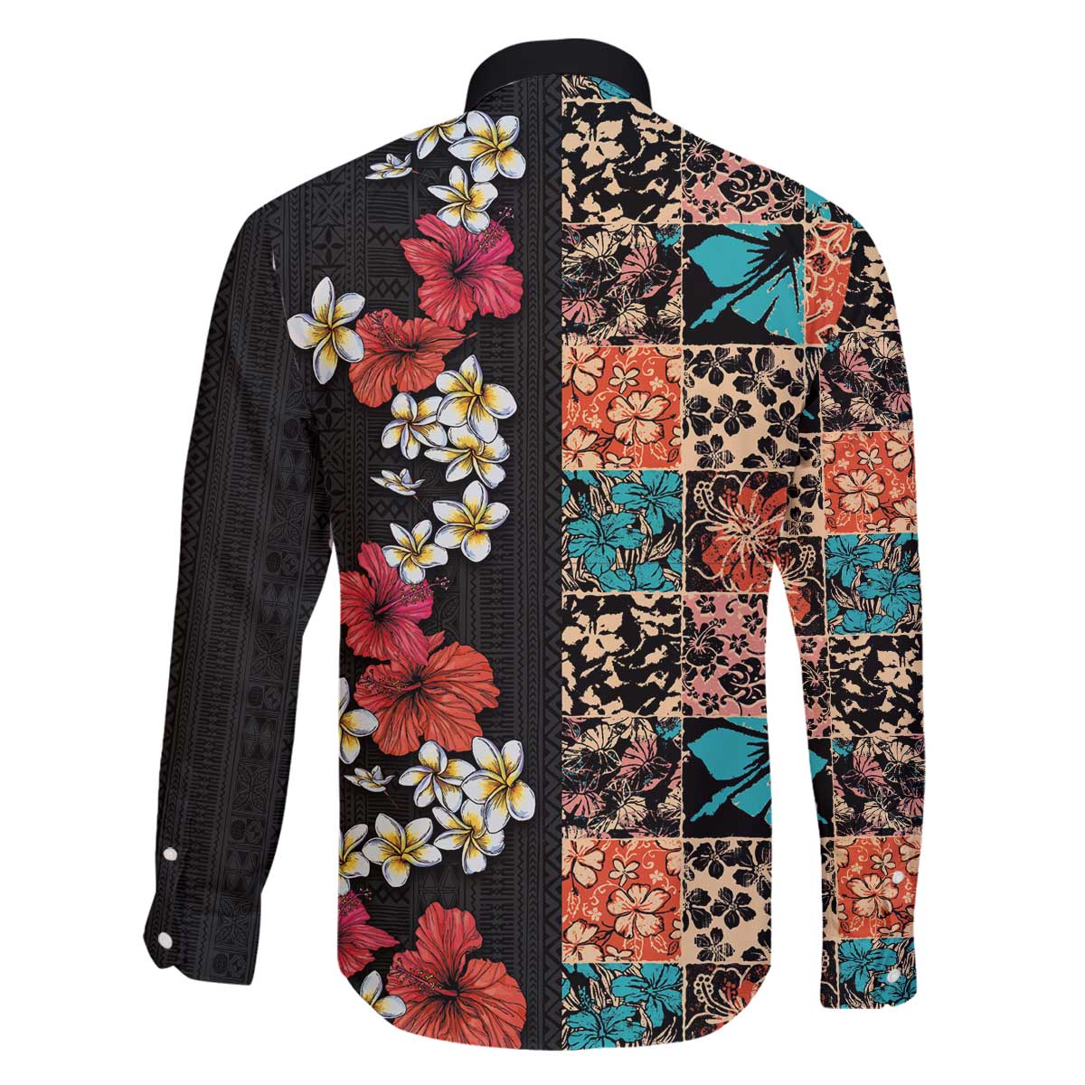 Hawaiian Hibiscus and Tropical Leaves Family Matching Off The Shoulder Long Sleeve Dress and Hawaiian Shirt Patchwork Grunge Abstract Vintage Style