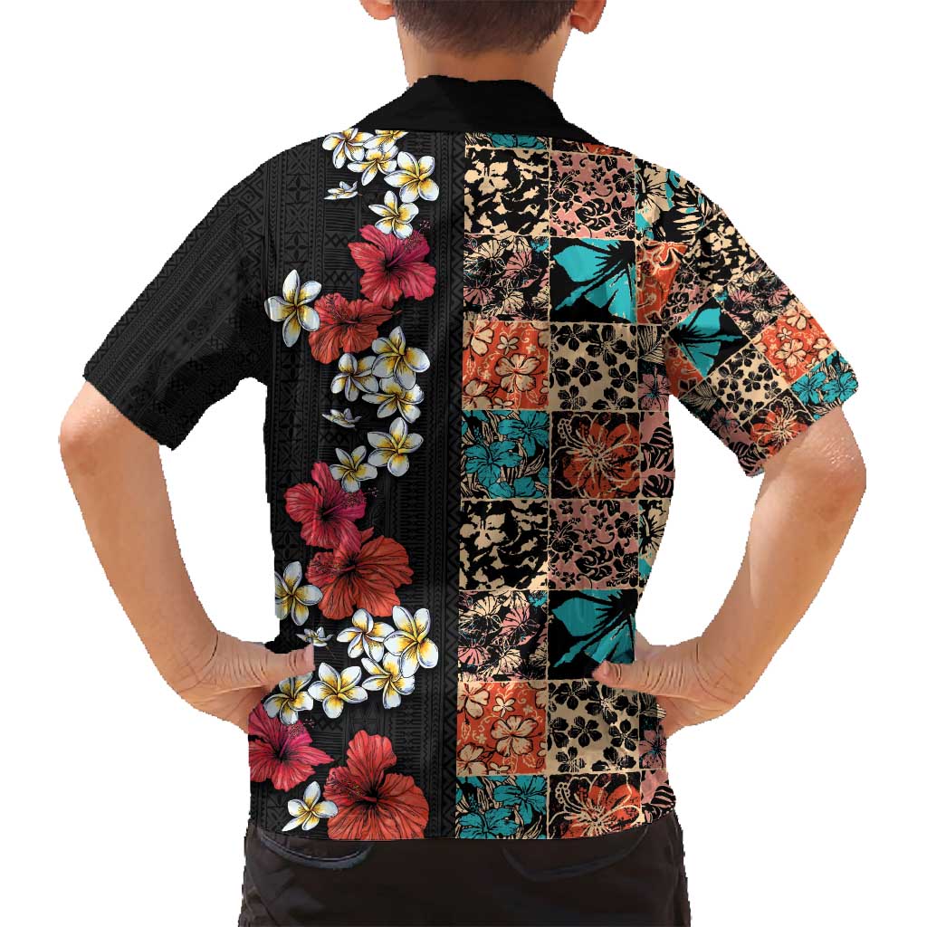 Hawaiian Hibiscus and Tropical Leaves Family Matching Summer Maxi Dress and Hawaiian Shirt Patchwork Grunge Abstract Vintage Style