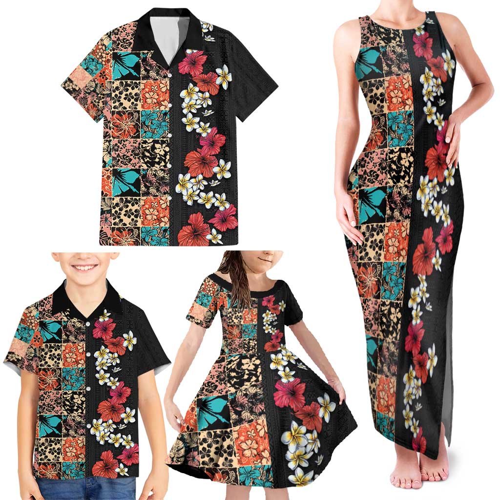 Hawaiian Hibiscus and Tropical Leaves Family Matching Tank Maxi Dress and Hawaiian Shirt Patchwork Grunge Abstract Vintage Style LT03 - Polynesian Pride
