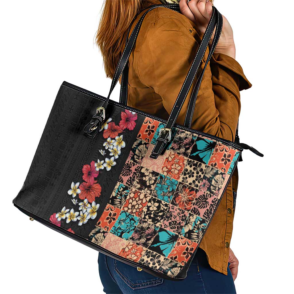 Hawaiian Hibiscus and Tropical Leaves Leather Tote Bag Patchwork Grunge Abstract Vintage Style