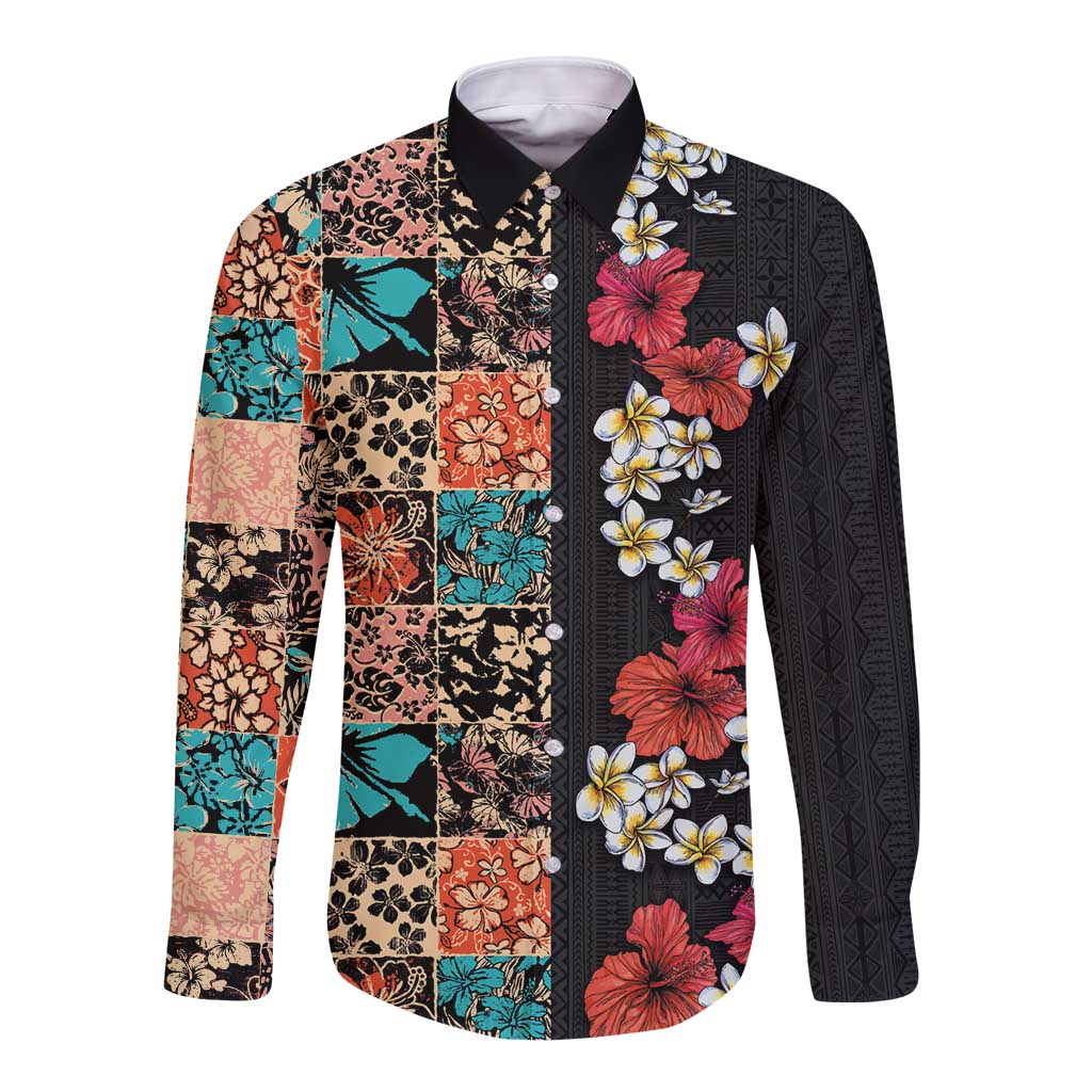 Hawaiian Hibiscus and Tropical Leaves Long Sleeve Button Shirt Patchwork Grunge Abstract Vintage Style LT03 Unisex Black - Polynesian Pride