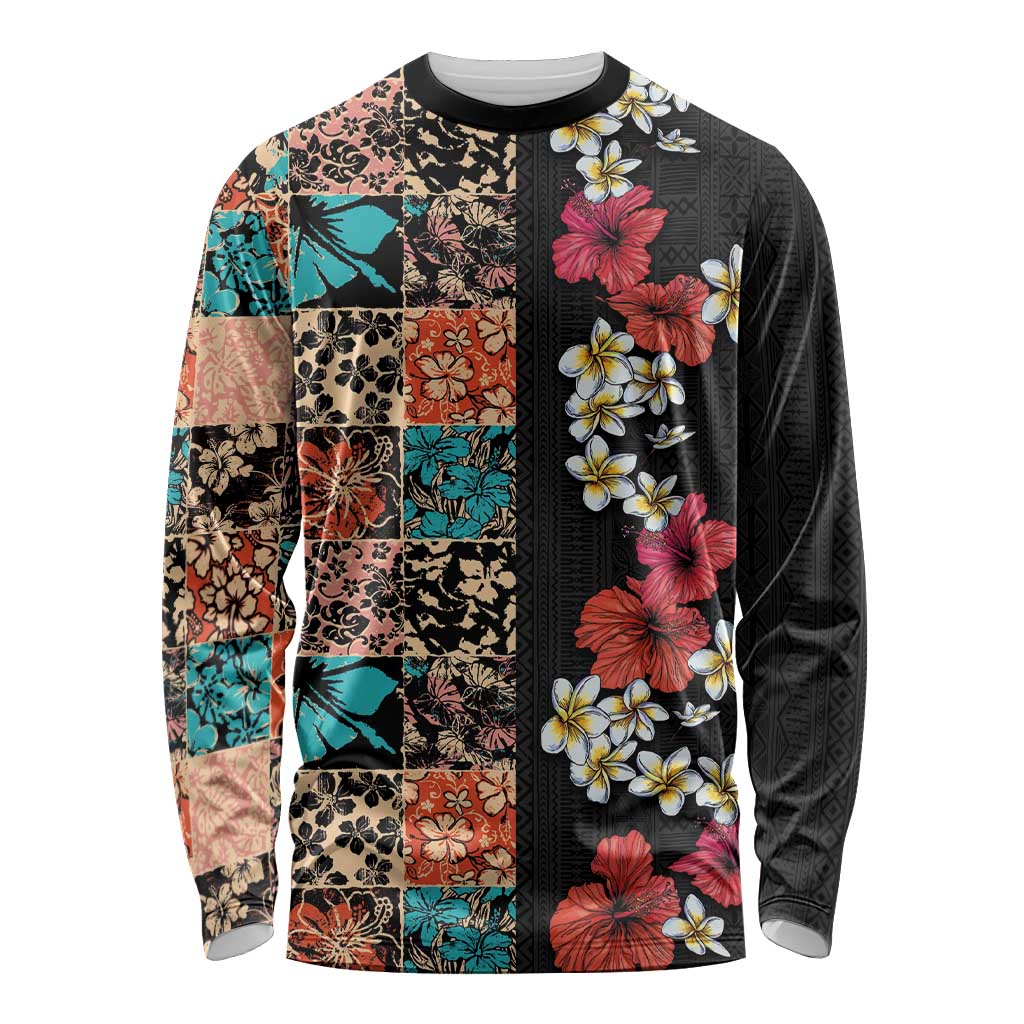 Hawaiian Hibiscus and Tropical Leaves Long Sleeve Shirt Patchwork Grunge Abstract Vintage Style LT03 Unisex Black - Polynesian Pride