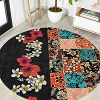 Hawaiian Hibiscus and Tropical Leaves Round Carpet Patchwork Grunge Abstract Vintage Style LT03 Black - Polynesian Pride