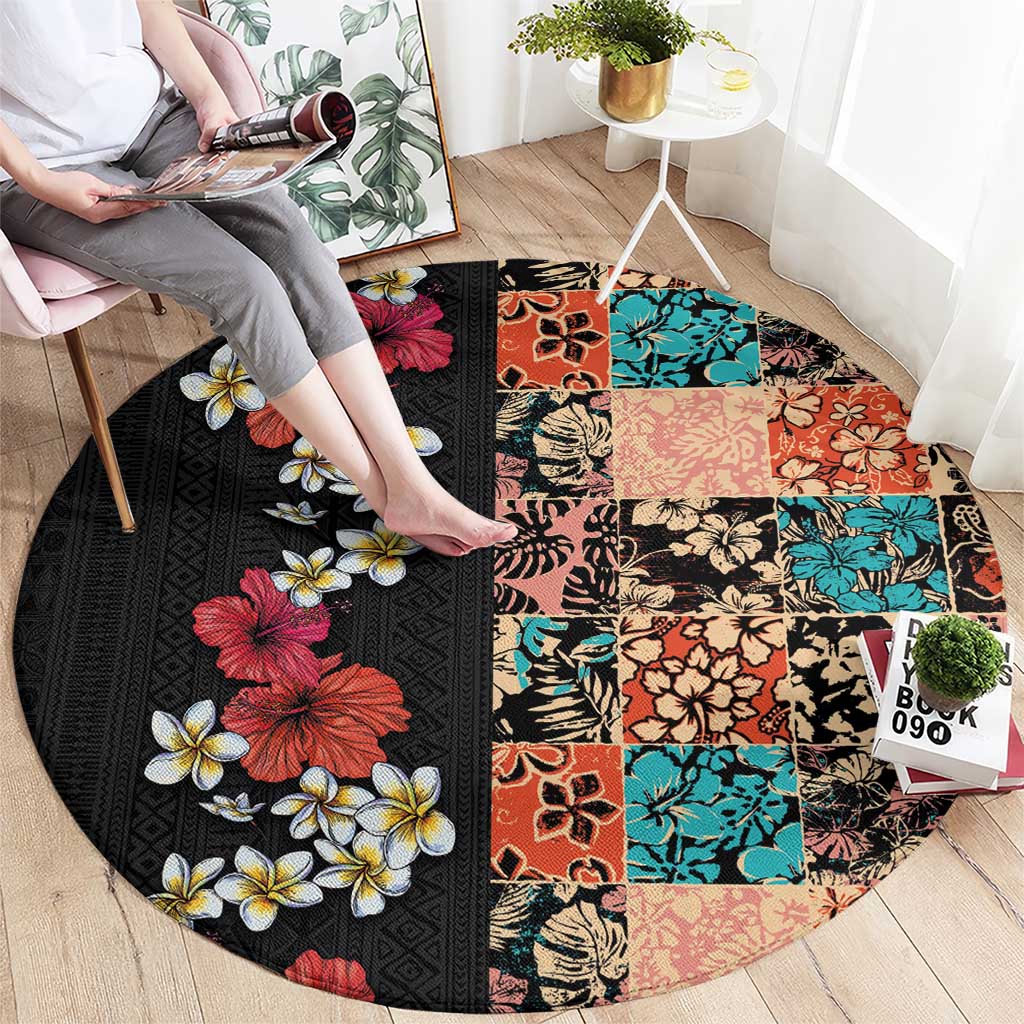 Hawaiian Hibiscus and Tropical Leaves Round Carpet Patchwork Grunge Abstract Vintage Style LT03 - Polynesian Pride