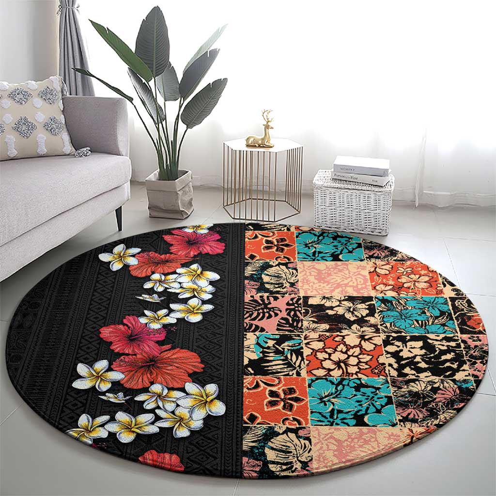 Hawaiian Hibiscus and Tropical Leaves Round Carpet Patchwork Grunge Abstract Vintage Style LT03 - Polynesian Pride