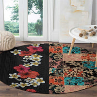 Hawaiian Hibiscus and Tropical Leaves Round Carpet Patchwork Grunge Abstract Vintage Style LT03 - Polynesian Pride