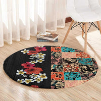 Hawaiian Hibiscus and Tropical Leaves Round Carpet Patchwork Grunge Abstract Vintage Style LT03 - Polynesian Pride