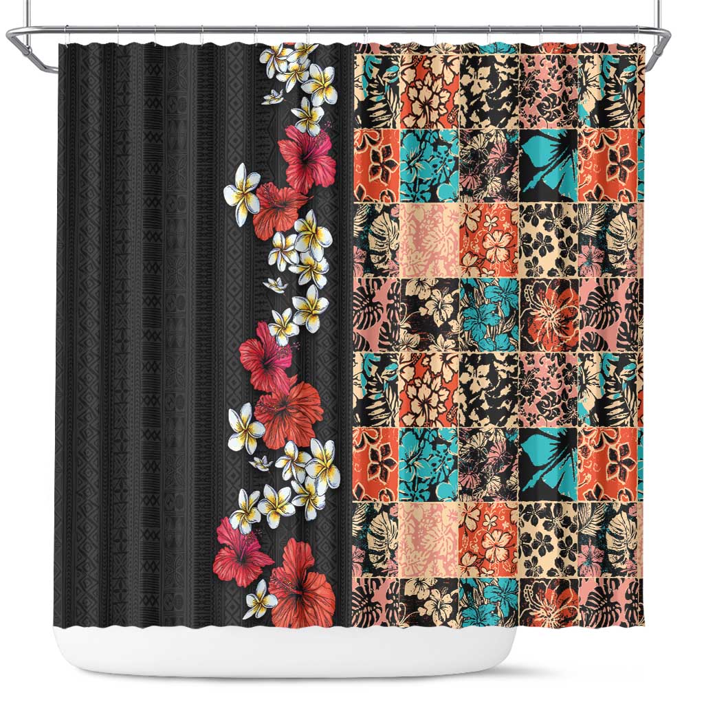 Hawaiian Hibiscus and Tropical Leaves Shower Curtain Patchwork Grunge Abstract Vintage Style LT03 Black - Polynesian Pride