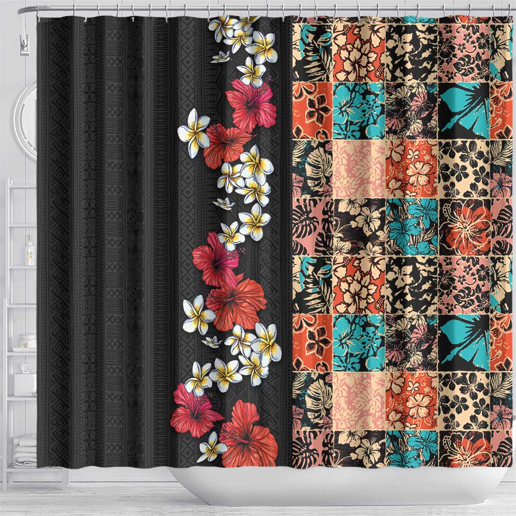 Hawaiian Hibiscus and Tropical Leaves Shower Curtain Patchwork Grunge Abstract Vintage Style