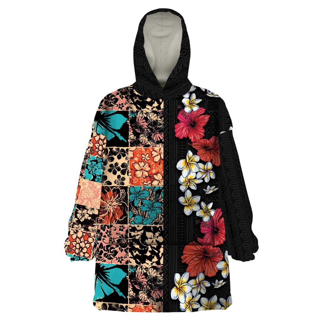 Hawaiian Hibiscus and Tropical Leaves Wearable Blanket Hoodie Patchwork Grunge Abstract Vintage Style LT03 One Size Black - Polynesian Pride