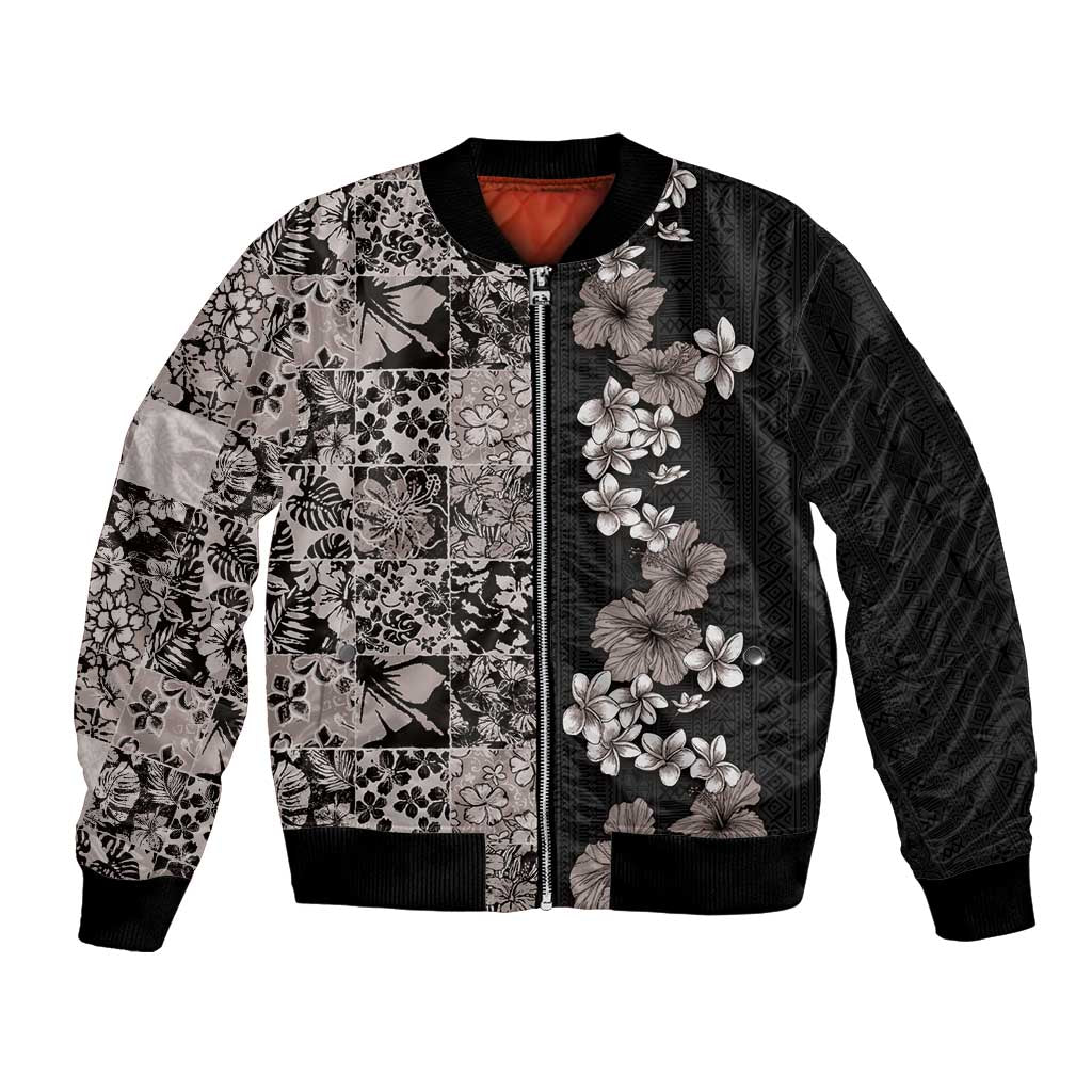 Hawaiian Hibiscus and Tropical Leaves Bomber Jacket Patchwork Grunge Abstract Vintage Style Grayscale Color LT03 Unisex Black - Polynesian Pride