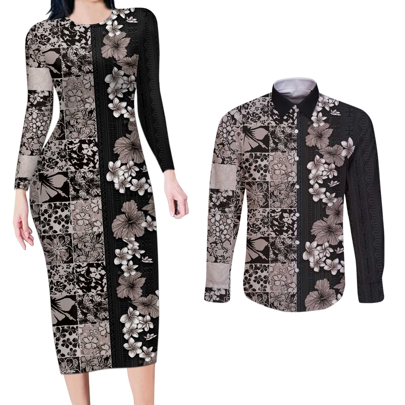 Hawaiian Hibiscus and Tropical Leaves Couples Matching Long Sleeve Bodycon Dress and Long Sleeve Button Shirt Patchwork Grunge Abstract Vintage Style Grayscale Color LT03 Black - Polynesian Pride