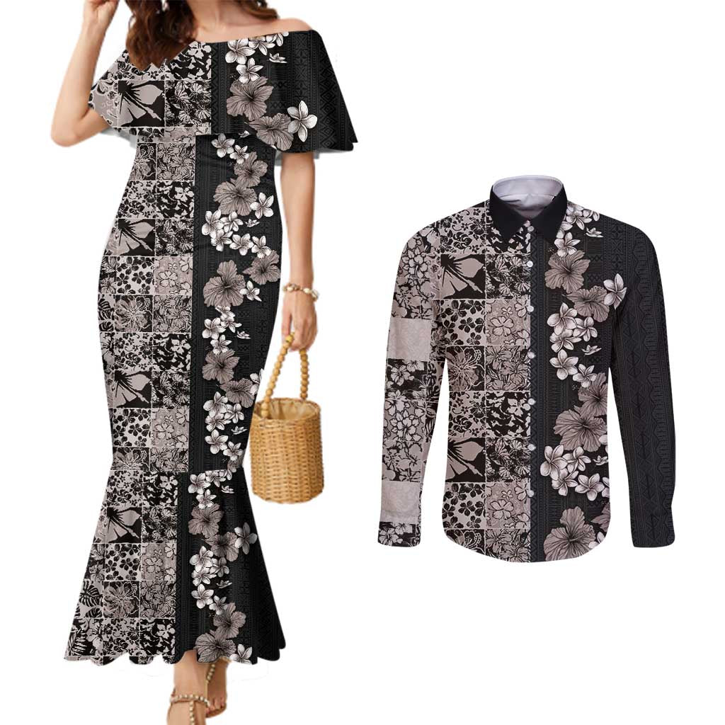 Hawaiian Hibiscus and Tropical Leaves Couples Matching Mermaid Dress and Long Sleeve Button Shirt Patchwork Grunge Abstract Vintage Style Grayscale Color LT03 Black - Polynesian Pride