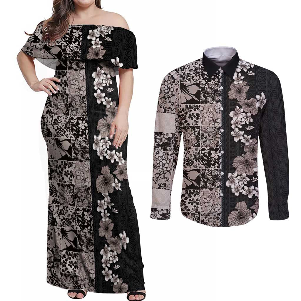 Hawaiian Hibiscus and Tropical Leaves Couples Matching Off Shoulder Maxi Dress and Long Sleeve Button Shirt Patchwork Grunge Abstract Vintage Style Grayscale Color LT03 Black - Polynesian Pride